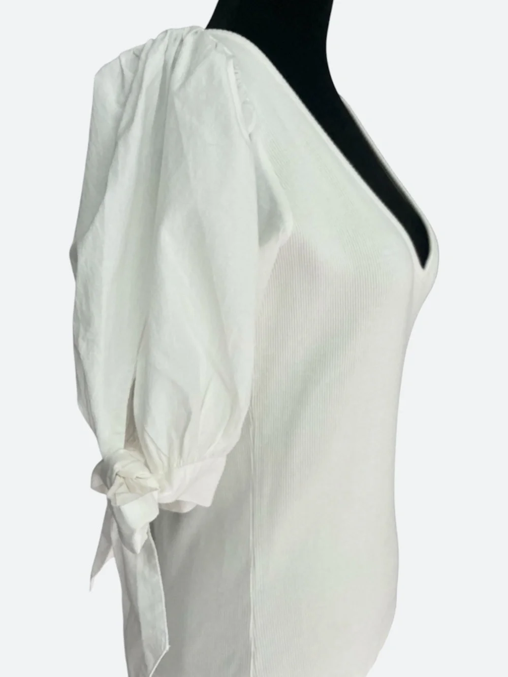 Anthropologie Maeve White Ribbed Cotton Knit V Neck Puff Sleeve Bow Top SZ S
